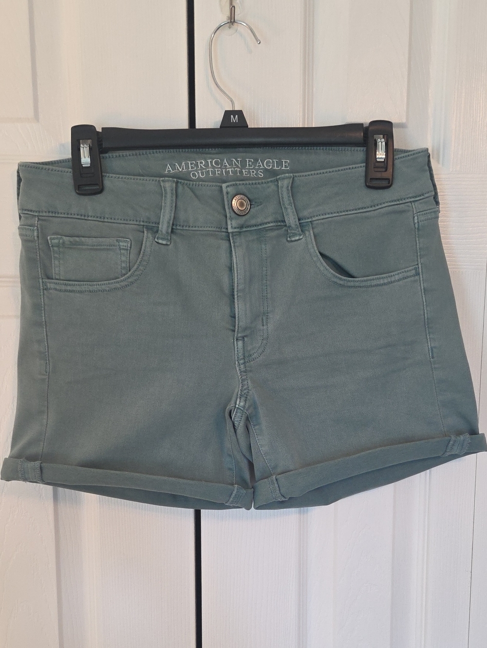 American Eagle Outfitters Light Blue/Green Denim Twill Roll-Cuff Midi Shorts